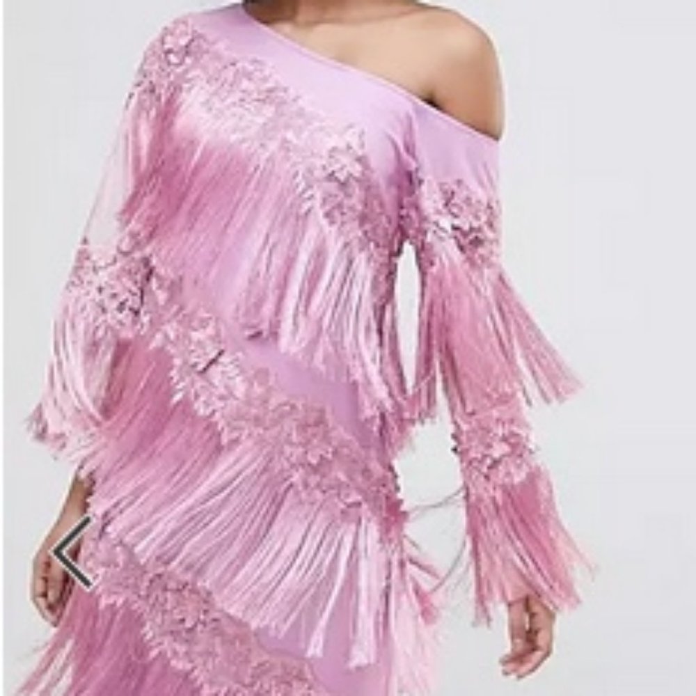 ASOS EDITION pink embroidered one shoulder fringe midi dress, like new, sz 10-12